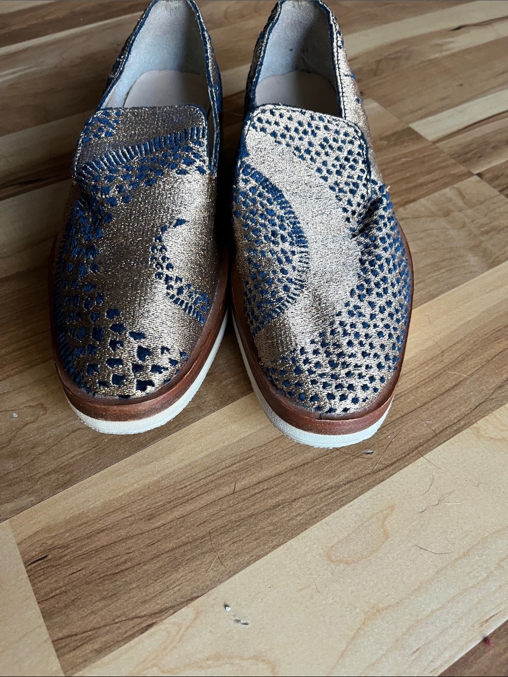 Free People Gold Metallic and Navy Perforated Slip-On Loafers